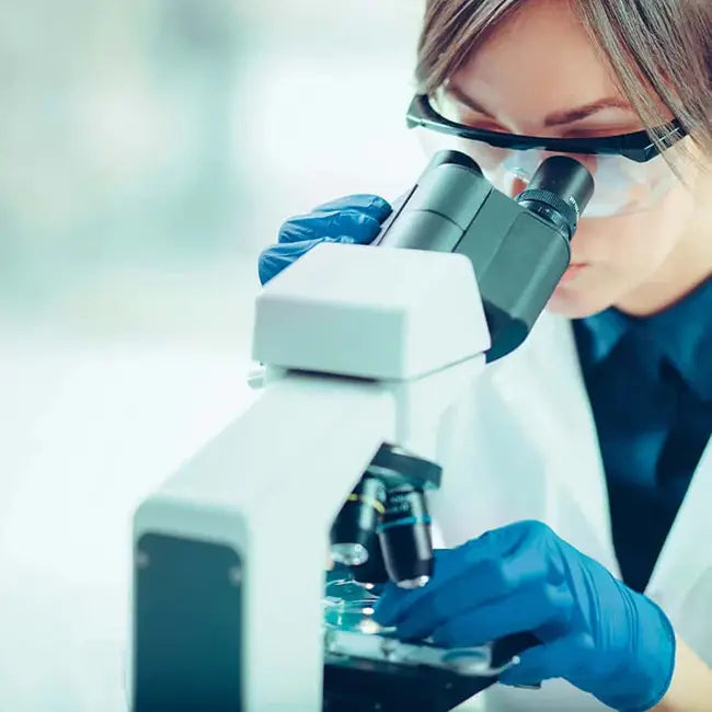 Scientist is examining with a microscope